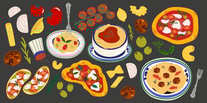 retro stickers of traditional products, pizza, pasta, caprese, olive oil, tomatoes, mozzarella, parmesan cheese vector
