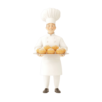 A cheerful chef proudly presenting freshly baked muffins on a tray. png