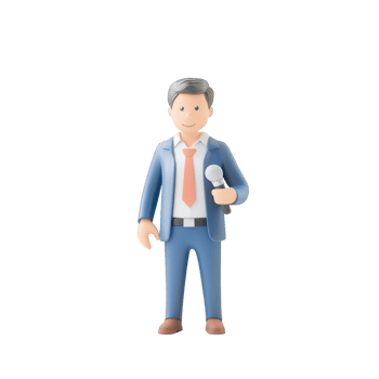 Professional speaker in suit holding microphone to address an audience. png