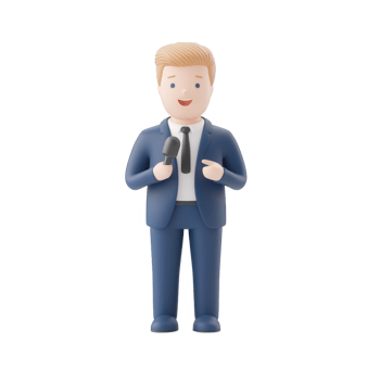 A confident speaker presenting with a microphone, exemplifying effective communication. png