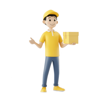 A cheerful delivery person holding a box, ready to assist with package delivery. png