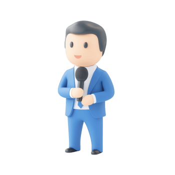 A cheerful cartoon character holding a microphone, ready to interview or present. png
