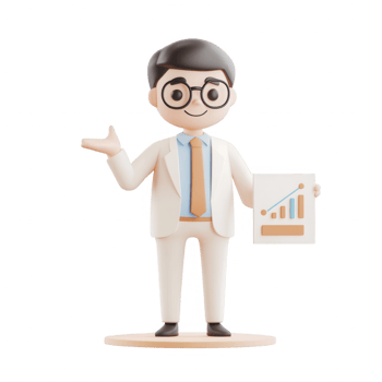 A cheerful cartoon businessman presenting a growth chart with confidence. png