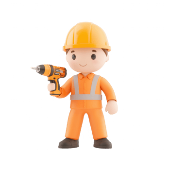 Colorful cartoon construction worker with a drill and safety gear. png