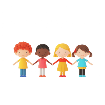 Four cheerful children of diverse backgrounds holding hands in a joyful scene. png
