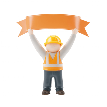 A joyful construction worker proudly holding a banner at a construction site. png
