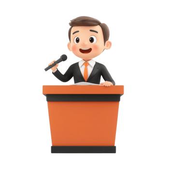 A cheerful cartoon character giving a speech at a podium, engaging the audience. png