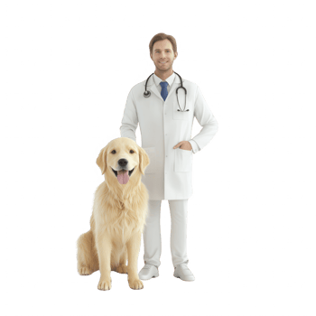 A smiling veterinarian stands proudly next to a golden retriever dog in a healthcare setting. png