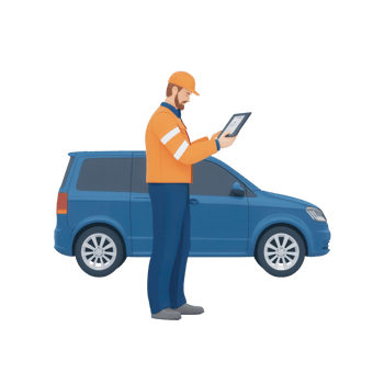 A worker in an orange vest uses a tablet near a blue utility vehicle. png