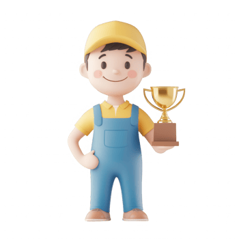 A cheerful worker holding a trophy, symbolizing achievement and success. png