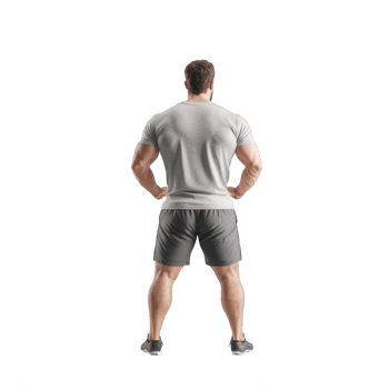 A muscular man facing away, showcasing strength in fitness attire, ideal for wellness themes. png