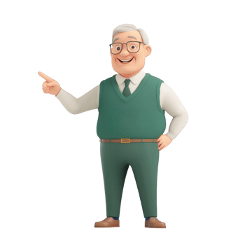 A friendly elderly man in a green vest pointing, embodying wisdom and approachability. png