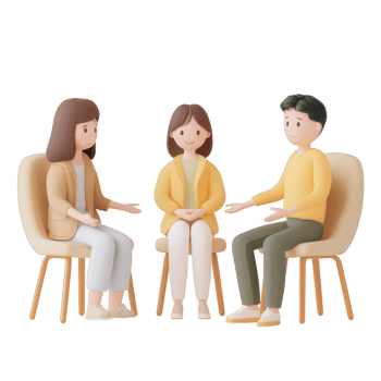 Three stylized characters engaging in a group discussion, conveying teamwork and unity. png