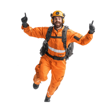 Happy worker in safety gear celebrating a successful task in an industrial setting. png