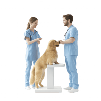 Veterinarians caring for a golden retriever dog in a medical examination. png