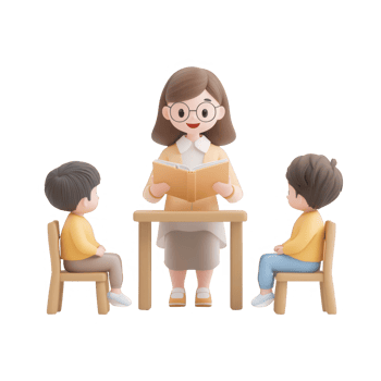 A teacher reading a book to two attentive children in a classroom setting. png