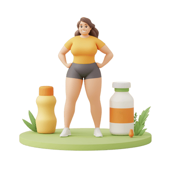 A vibrant character promoting health with fitness supplements and wellness drinks. png