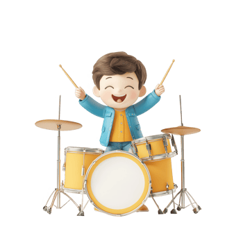 A cheerful child happily playing drums, showcasing talent and joy in music. png