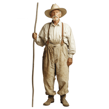 Elderly man in rustic clothing holding a walking stick, symbolizing wisdom and resilience. png