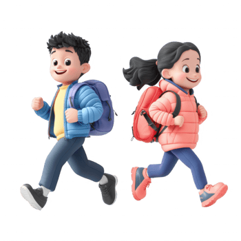 Two cheerful children running outdoors with backpacks, embodying fun and excitement. png