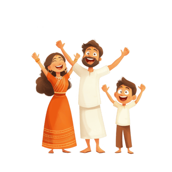 A happy family celebrating together with joy and enthusiasm in vibrant attire. png