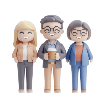Three cartoon characters smiling and standing together, representing teamwork and diversity. png