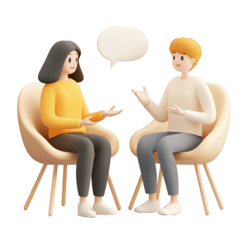 Two people engaging in a lively conversation, expressing ideas in a cozy setting. png