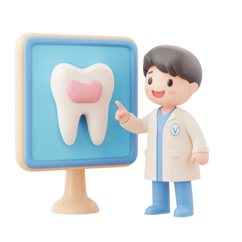A cheerful dentist character teaching about dental health and hygiene. png