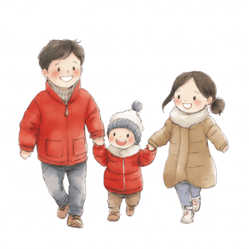 A cheerful family walking together in winter attire, enjoying a snowy day outdoors. png