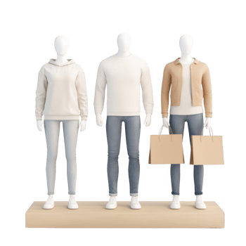 Three stylish mannequins display modern clothing and shopping bags in a trendy setting. png