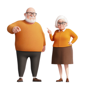 Two expressive elderly characters wearing orange clothing, showcasing unique personalities. png