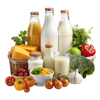 A diverse assortment of fruits and vegetables alongside milk and cheese Transparent background png