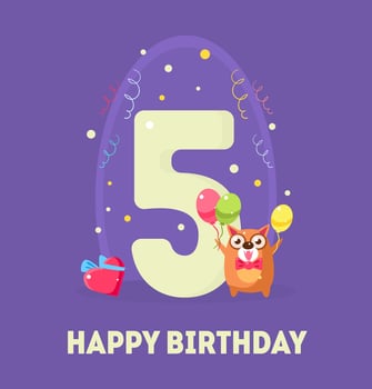 Happy Birthday 5 Years Banner Template, Birthday Anniversary Number Bright Festive Illustration with Cute Animal vector