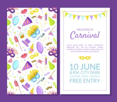 Welcome to Carnival, Masquerade Party Banner, Flyer or Invitation Card Template with Place for Text, Two Sides Illustration vector