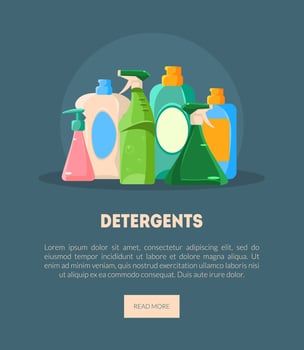 Detergents Banner, Landing Page Template with Place for Text, Liquid Laundry Cleaning Detergents in Plastic Bottles, Products for House Washing Illustration vector
