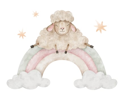 Beige sleepy sheep,Rainbow,clouds, stars. Cute fluffy dreamy lamb. Isolated hand drawn baby watercolor illustration. Clipart for kid's goods, invitation, postcard, poster, baby shower, children's room vector