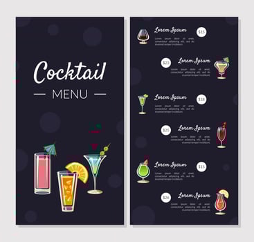 Cocktail Menu Template, Alcoholic Bar Menu with Different Types of Cocktails and Alcoholic Beverages, Banner, Card, Flyer Illustration vector