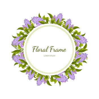 Lilac Flowers Round Frame Card Template with Blooming Flowers, Elegant Floral Banner, Poster, Wedding Invitation, Greeting Card Illustration vector