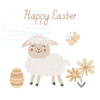 Happy Easter greeting card with a cute smiling lamb, egg, butterfly and flowers. Illustration and lettering hand drawn flat style, pastel colors vector