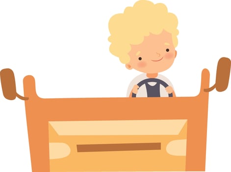 Cute Creative Boy Character Driving Toy Car Made of Cardboard Box, Front View Cartoon Illustration vector