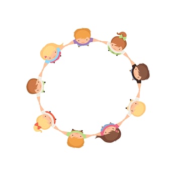 Kids Dancing in Circle Holding Hands, Cute Little Boys and Girls Playing Together, View from Above Cartoon Illustration vector