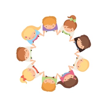 Kids Dancing in Circle Holding Hands, Cute Little Boys and Girls Playing Together, Top View Cartoon Illustration vector