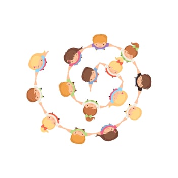 Cute Kids Dancing in Circle Holding Hands, Preschool Boys and Girls Playing Together, Top View Cartoon Illustration vector