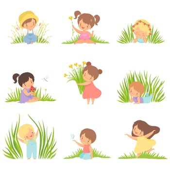 Cute Happy Kids Having Fun on Green Meadow Set, Adorable Little Boys and Girls Cartoon Characters Playing Outside Illustration vector
