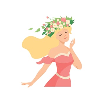 Young Beautiful Woman with Flower Wreath in Her Hair, Portrait of Elegant Blonde Girl with Floral Wreath Illustration vector