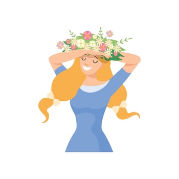 Young Beautiful Woman with Flower Wreath in Her Hair, Portrait of Elegant Smiling Girl with Floral Wreath and Light Blue Dress Illustration vector