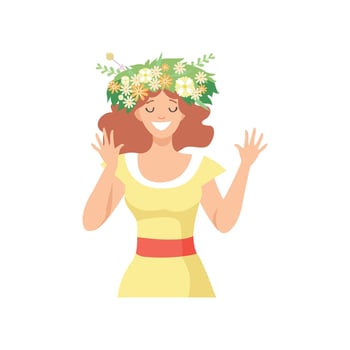 Young Beautiful Woman with Flower Wreath in Her Hair, Portrait of Happy Smiling Girl with Floral Wreath Illustration vector