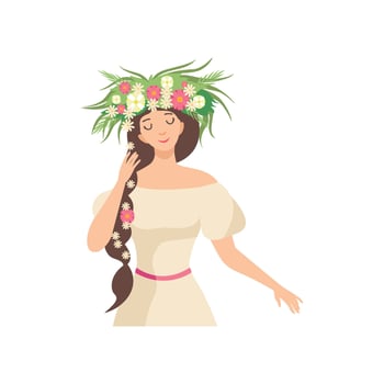 Young Beautiful Brunette Woman with Flower Wreath in Her Hair, Portrait of Elegant Girl with Floral Wreath and Braid Illustration vector