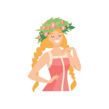 Young Beautiful Woman with Flower Wreath in Her Hair, Portrait of Elegant Smiling Girl with Floral Wreath and Braids Illustration vector