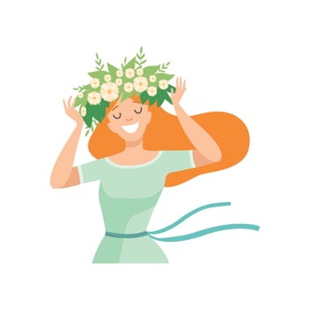 Young Beautiful Redhead Woman with Flower Wreath in Her Hair, Portrait of Elegant Smiling Girl with Floral Wreath Illustration vector